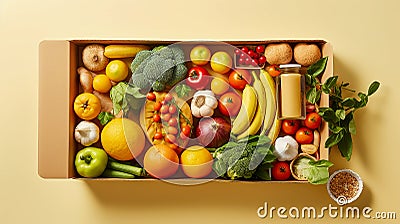 Box full of food in concept delivery and donation box. Cardboard box full of colorful fresh vegetables, fruits Stock Photo