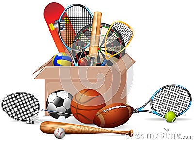 Box full of sport equipments on white background Vector Illustration