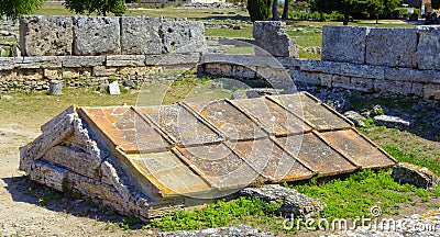 Box grave consisting of five calcareous plates in Paestum Stock Photo