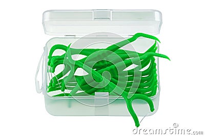 A box of green dental flossers (Floss Pick) Stock Photo