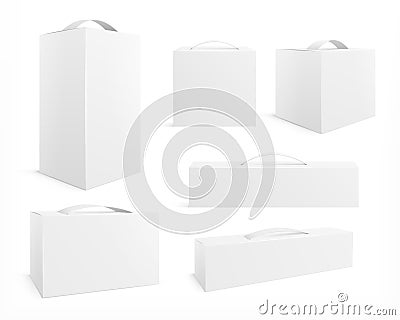 Box with handle. Cardboard package, realistic pack. Medicine container mockup. Restaurant food blank bags. Paper boxes Vector Illustration