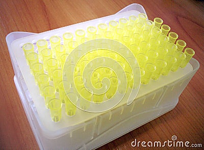 Box with lab pipette plastic tips Stock Photo