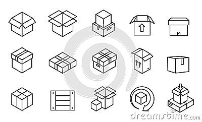 Box line icons. Cardboard boxes, mailing package with arrows. Delivery crate or cargo, product parcel. Shipping Vector Illustration
