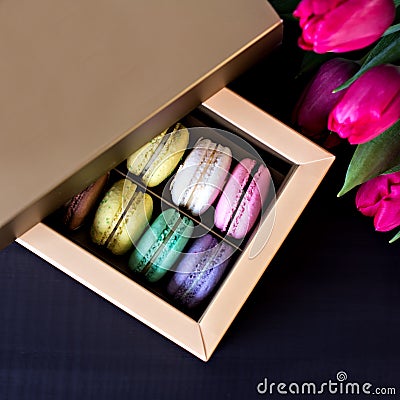 Box with macaroons and a bouquet of tulips and a card for your text on a dark background. Stock Photo