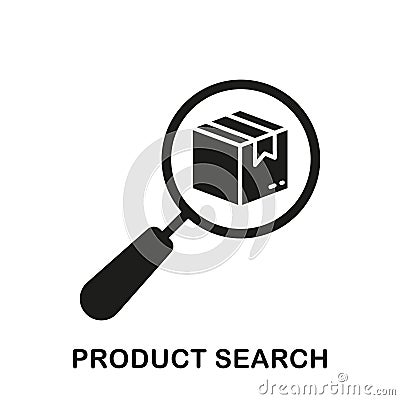 Box with Magnifier Silhouette Icon. Product Search Glyph Pictogram. Find and Identify Parcel, Shipping Information Solid Vector Illustration