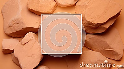 A box of makeup sitting on a pile of rocks, AI Stock Photo