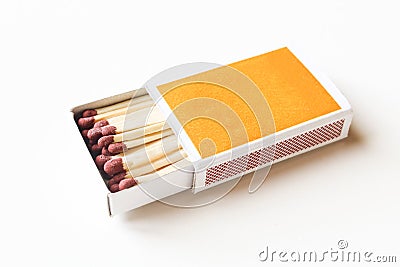 Box of matches isolated on white background. Top view of opened box full of matchsticks Stock Photo