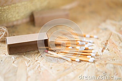 Box of matches on wood table Stock Photo