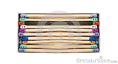 Box with Multicolored matchsticks with faces Stock Photo