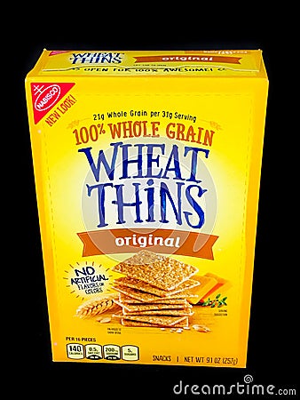 A Box of Nabisco Wheat Thins on a Black Backdrop Editorial Stock Photo