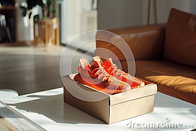 box with a pair of orange sneakers on a white table Stock Photo