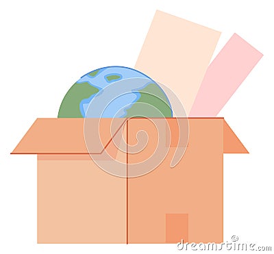 Box with papers and globe. School supplies container Stock Photo