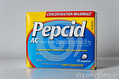 Box of Pepcid AC antacid over-the-counter medicine in french language Editorial Stock Photo