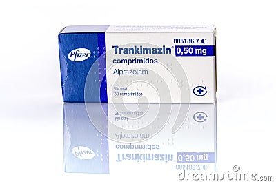 A box of Pfizer Laboratories Trankimazin pills isolated on white Editorial Stock Photo