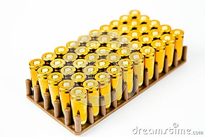 Box of 50 pieces of 9 mm pistol ammunition Stock Photo