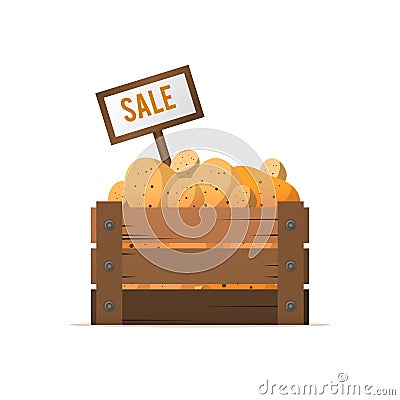 A box of potatoes. Selling vegetables. Street food trade. Vector Vector Illustration