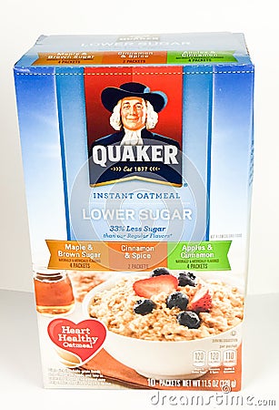 Box of Quaker Instant Oatmeal, Low Sugar on a White Backdrop Editorial Stock Photo