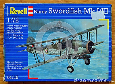 British Fairey Swordfish Mk I and III model box plastic kit Editorial Stock Photo