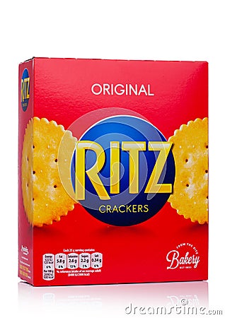 A box Ritz Crackers. Introduced in 1934 by Nabisco, the circular crackers are lightly salted with scalloped edges. Editorial Stock Photo