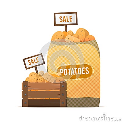 A box and a sack of potatoes. Selling vegetables. Street food tr Vector Illustration