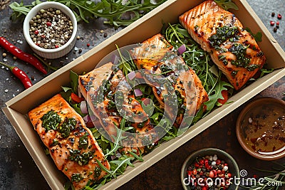 Box of Salmon and Greens With Sauce Bowl Generative AI Stock Photo