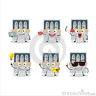Box of sardines cartoon character with various types of business emoticons Vector Illustration