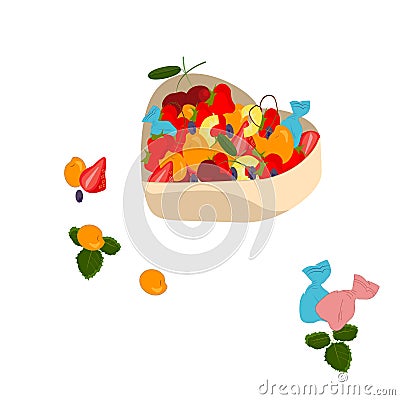 box in the shape of a heart with candy and fruit Vector Illustration