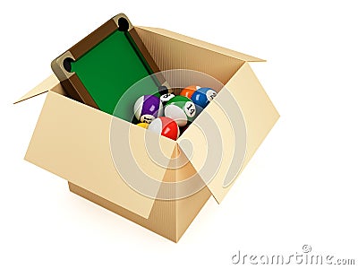 Box with snooker table and balls Stock Photo