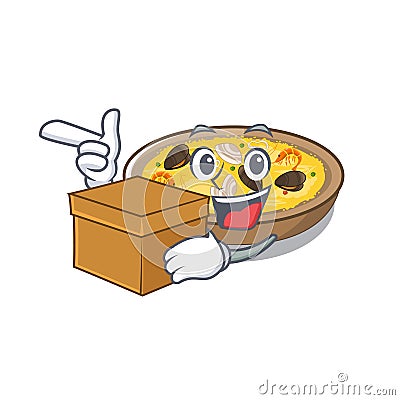 With box spanish paella cooked in cartoon skillet Vector Illustration