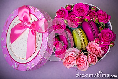 Box with spring color macaroons background for valentines mother woman day easter with love Stock Photo