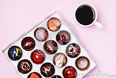 Box of Tasty Chocolate Candies and Cup of Coffee Homemade Cocolate Candy Tasty and Beautiful Dessert Top View Long Stock Photo