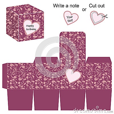 Box template with floral pattern and heart Vector Illustration