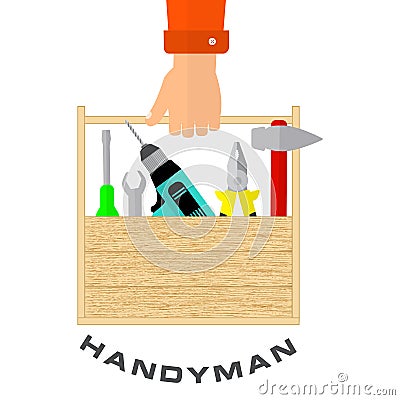 Box of tools in hand of handyman. House remodel tools. Logo home repair service Vector Illustration