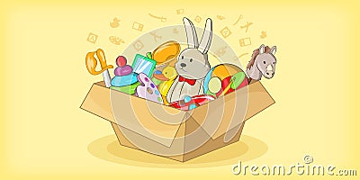 Box with toys horizontal banner, cartoon style Vector Illustration