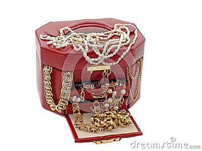 Box of treasure with gold jewelry Stock Photo