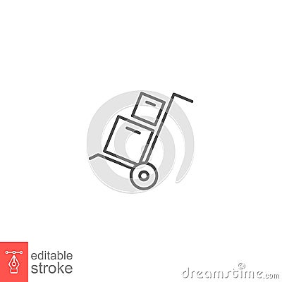 Box trolley line icon, move truck cargo carrier, bag cart delivery, flat luggage suitcase Vector Illustration