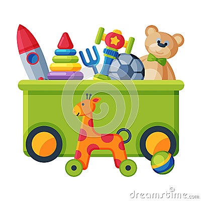 Box with Various Colorful Toys, Plastic Container with Scateboard, Giraffe, Pyramid, Ball, Giraffe on Wheels, Rocket Vector Illustration