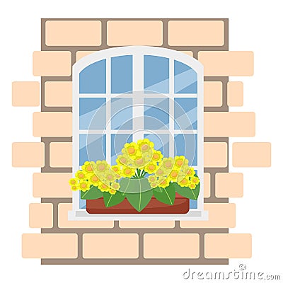 Box with yellow flowers on the window, brick wall with white window, vector illustration in flat style, cartoon Vector Illustration