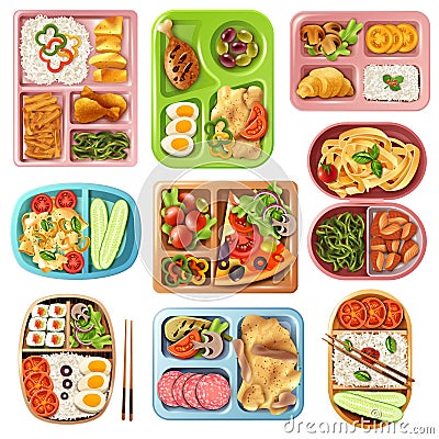 Boxed Lunches Set Vector Illustration