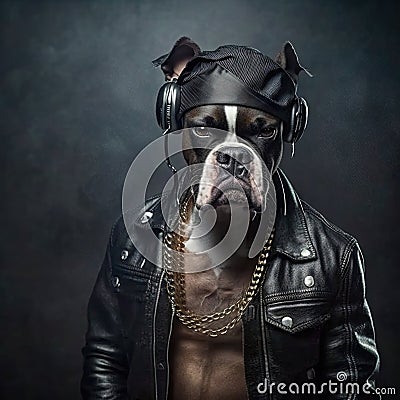 Boxer dog in black jacket listens music, portrait of dj or rapper animal, generative AI Cartoon Illustration