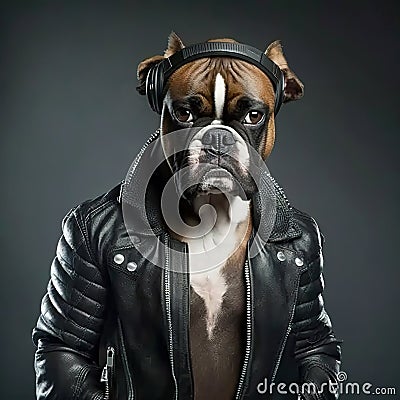 Boxer dog in black jacket listens music, portrait of dj or rapper animal, generative AI Cartoon Illustration