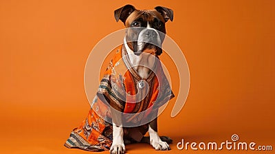 Boxer Dog Wearing Traditional Cultural Clothing From Their Heritage On Orange Color Background. Generative AI Stock Photo