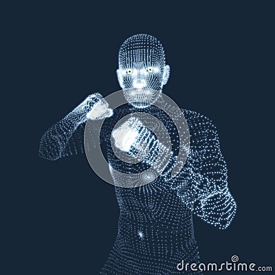 Boxer. Fighting Man. 3D Model of Man. Human Body Model. Body Scanning. View of Human Body. Vector Graphics Composed of Particles Vector Illustration