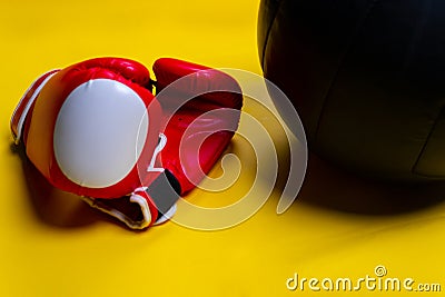 Boxer gloves red ball yellow pace blue fitness iron, for dumbbell gym in weight and athletic white, fight strength Stock Photo