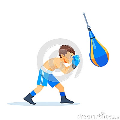 Boxer kid with bags of sand Boxing. Fitness, sport, exercise, will power and the concept of lifestyle. Cartoon vector Vector Illustration