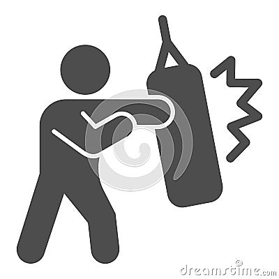 Boxer with Punching Bag solid icon, self defense concept, sportsman sign on white background, man is training blow icon Vector Illustration