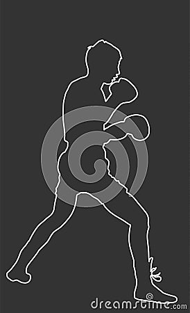 Boxer in ring line contour vector silhouette isolated on black background. Strong fighter. Direct kick. Sportsman sparing. Vector Illustration