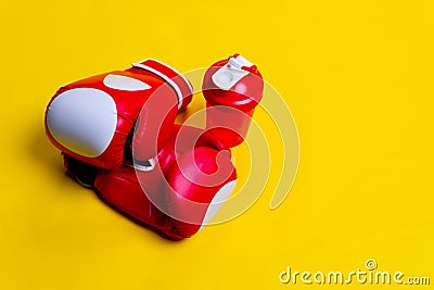 Boxer yellow red gloves sheker pace blue background object, for dumbbell gym in wellbeing for steel white, two knockout Stock Photo