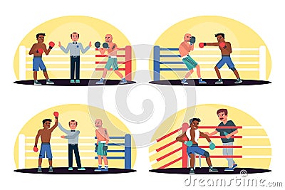 Boxers with referee in ring sport championship set Vector Illustration