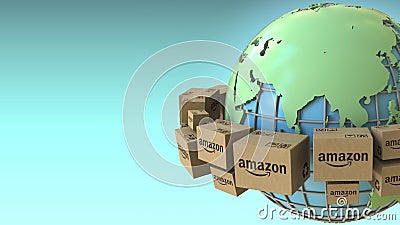 Boxes with AMAZON logo rotate around the world, Asia emphasized. Conceptual editorial 3D rendering Editorial Stock Photo